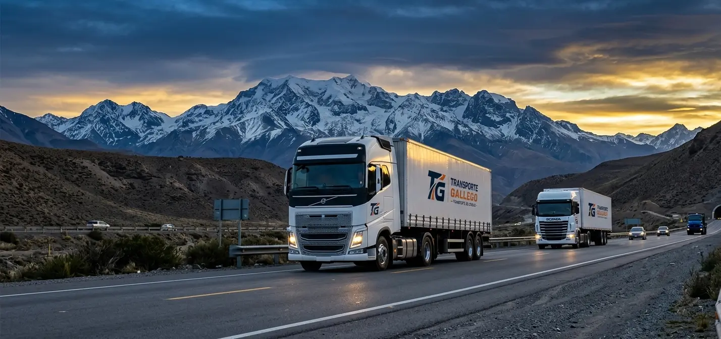 Dos camiones de Transporte Gallego con acoplado circulando por una ruta de montaña al atardecer